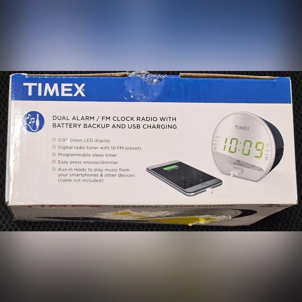 Timex Dual Alarm/ FM Clock w/Built-in Speaker, USB Charger, Green LED Display w/ - Picture 3 of 10
